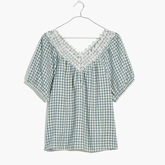 Madewell Tops - Madewell Embroidered Linen Blend Swing Top in Gingham Check